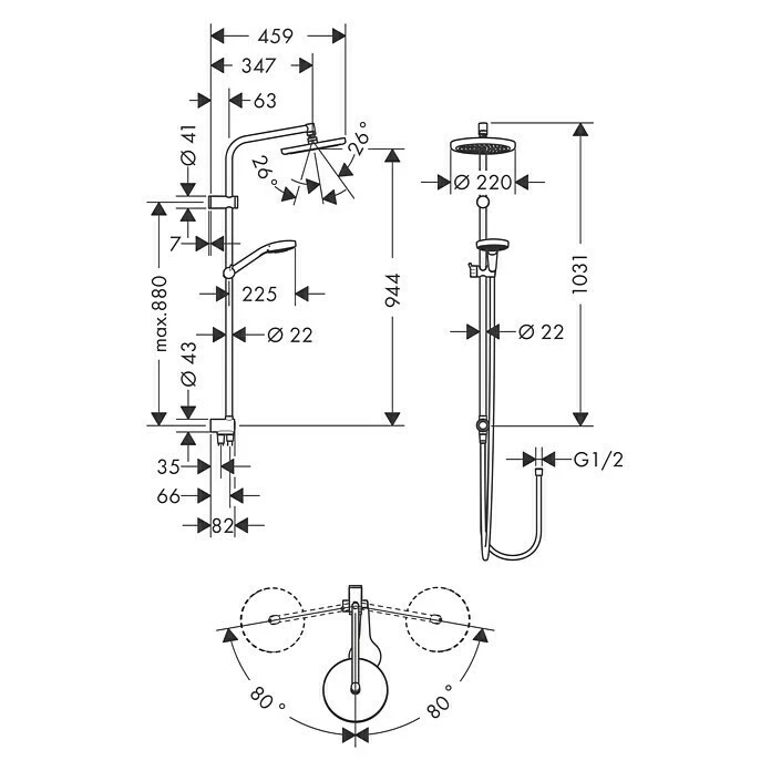 BAUHAUS Hansgrohe Duschsystem My Select S Showerpipe 220 Lochabstand: 88 Cm, Anzahl Strahlarten: 3 Stk., Chrom 5 BAUHAUS Hansgrohe Duschsystem My Select S Showerpipe 220 Lochabstand: 88 Cm, Anzahl Strahlarten: 3 Stk., Chrom – Bild 3