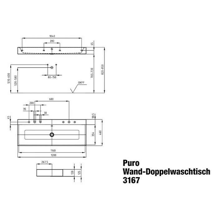 BAUHAUS Kaldewei Waschtisch Puro 120 X 46 Cm, Mit Schmutzabweisender Glasur, Anzahl Hahnlöcher: 2, Weiß 4 BAUHAUS Kaldewei Waschtisch Puro 120 X 46 Cm, Mit Schmutzabweisender Glasur, Anzahl Hahnlöcher: 2, Weiß – Bild 2
